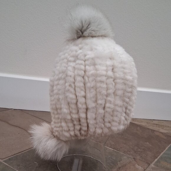 New Mink Fur Knitted Beanie Hat with Fox Pompoms - Picture 3 of 10
